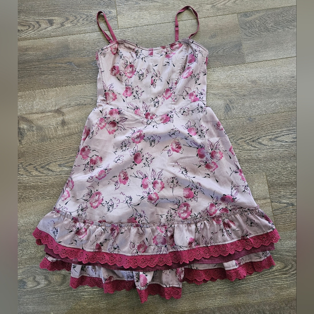 Free People Burgundy Floral Ruffle Tiered A-Line Dress with Lace Trim, Size 12